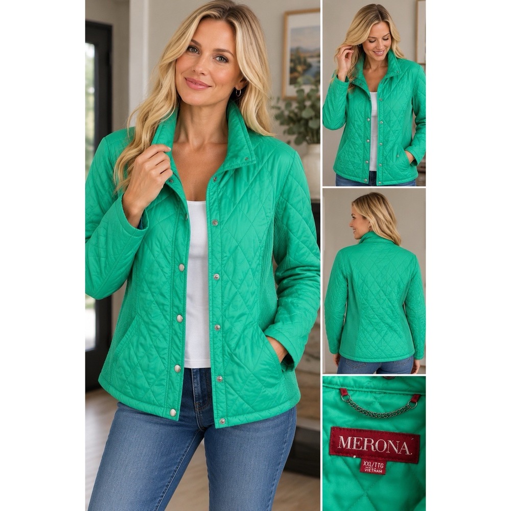 Merona Women's XXL Green Quilted Jacket Snap Front Ribbed Side Panels
